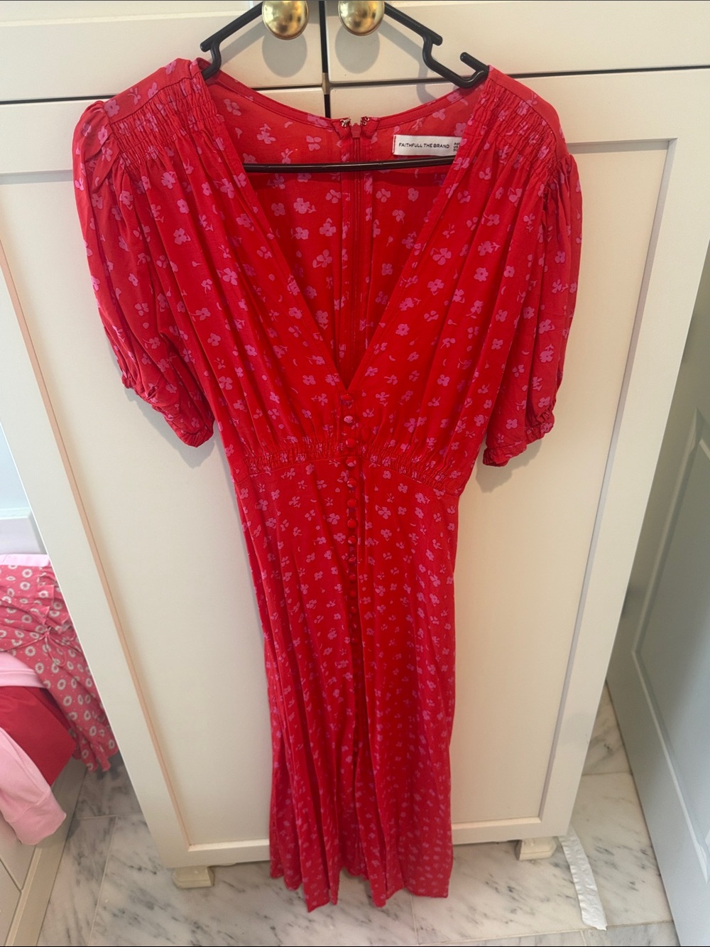 Faithfull the Brand Red Maxi Dress with Pink Floral Print